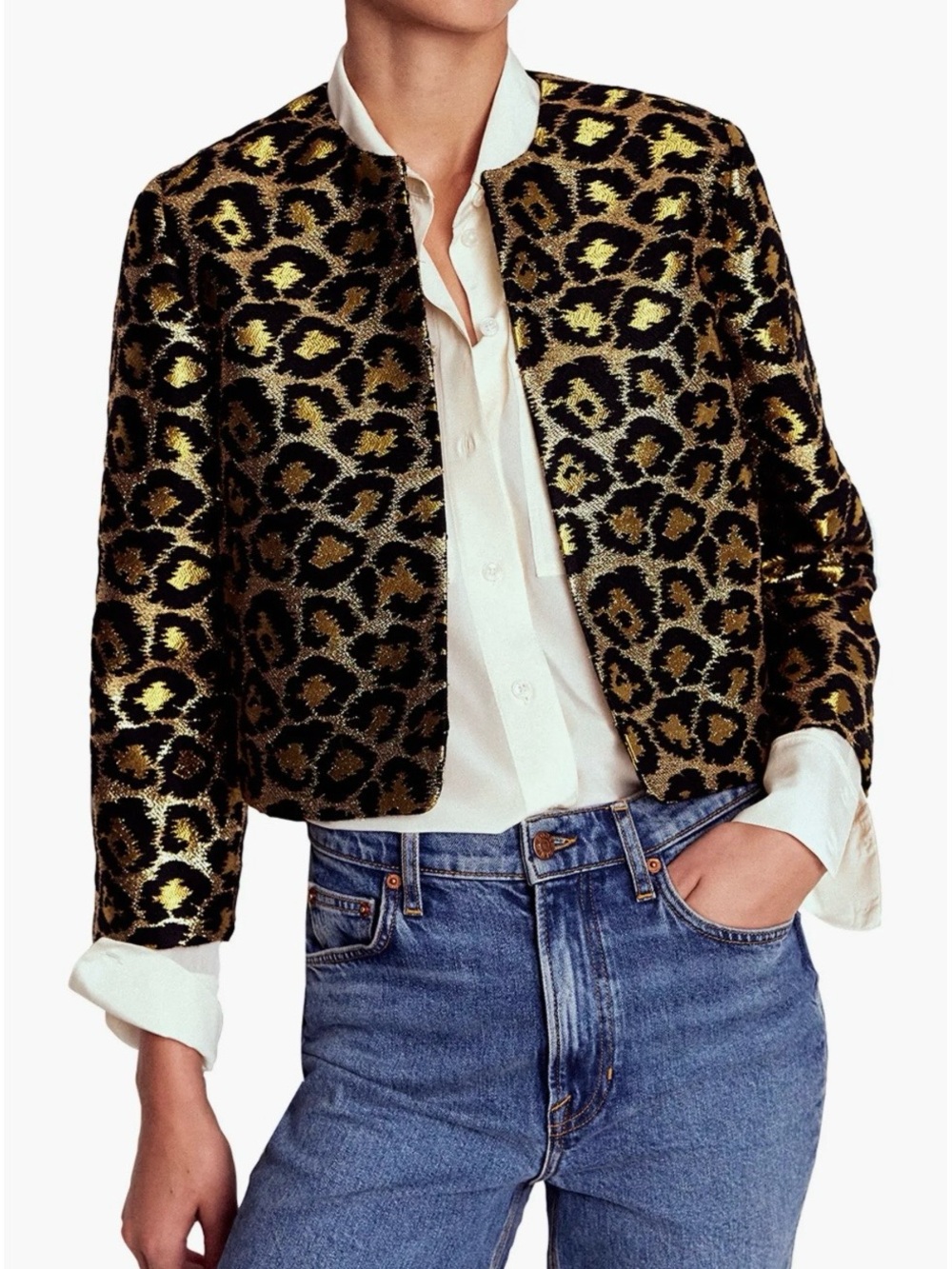 Metallic Leopard Print Cropped Jacket - Black & Gold Boden NWT US 8